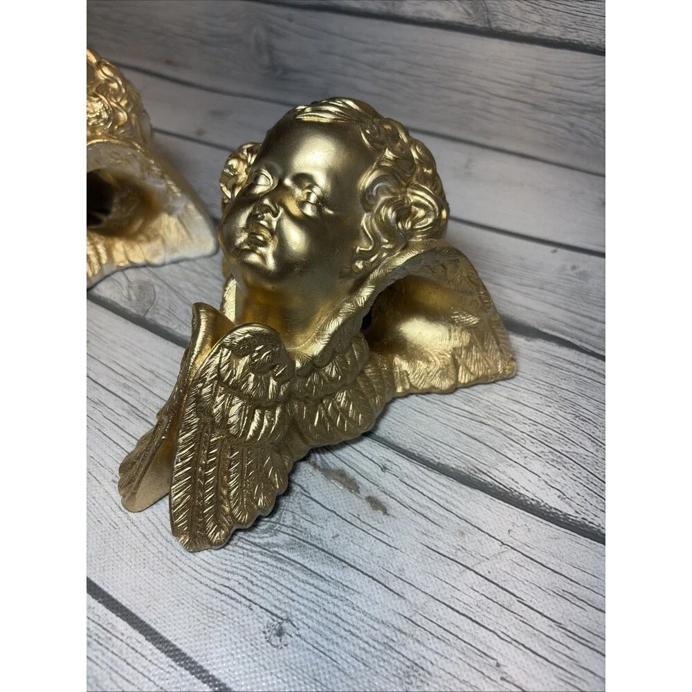 2 Vintage Hard Plaster Cherub Drapery Curtain Rod Wall Sconce Swag Holders